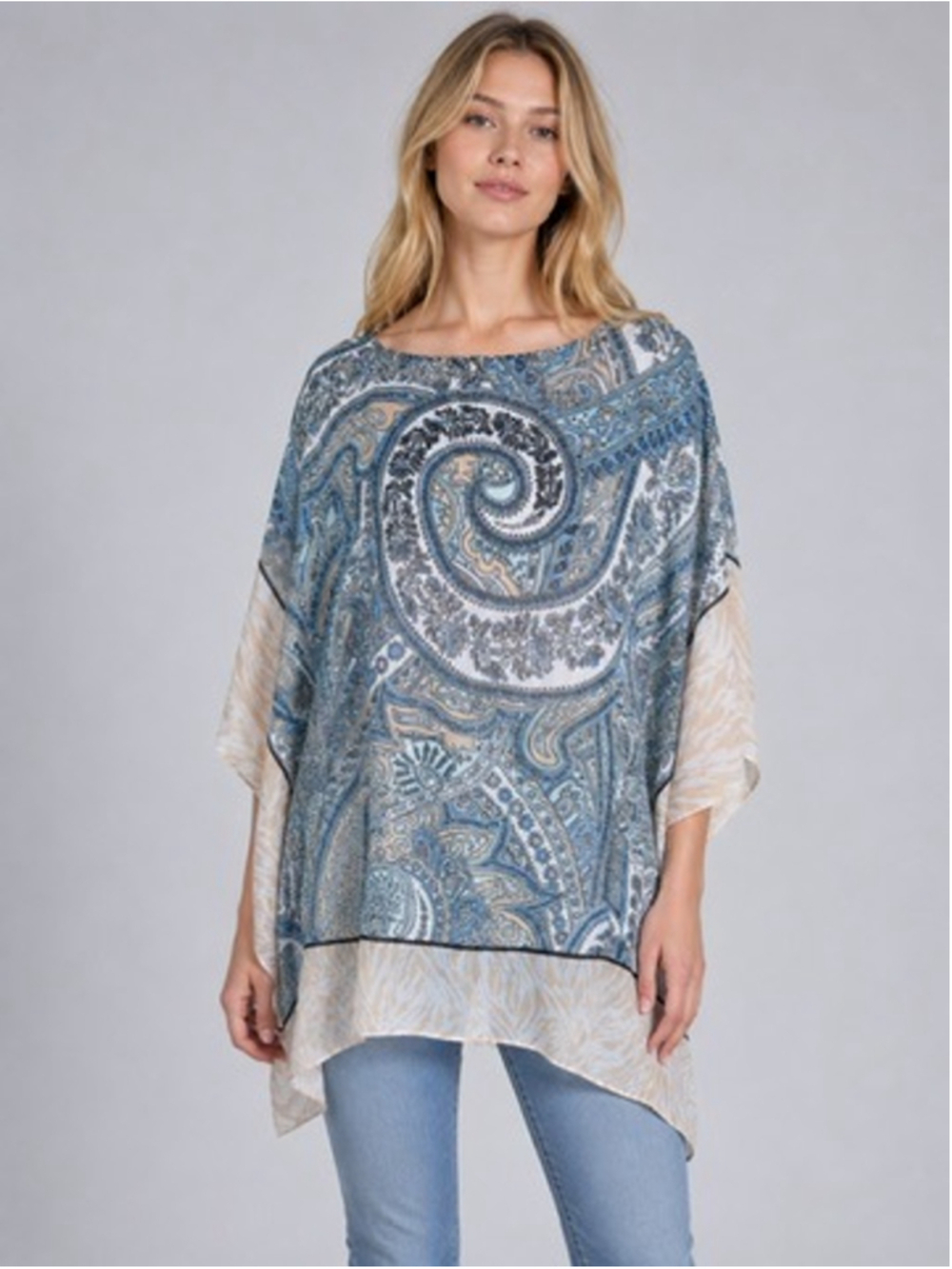 Talbots Blue Paisley Dolman Sleeve Kimono Poncho Relaxed Boho Beachy Size L/XL